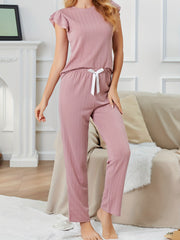 Ruffle Sleeve Crew Neck Top & Elastic Waistband Pants Lounge Set