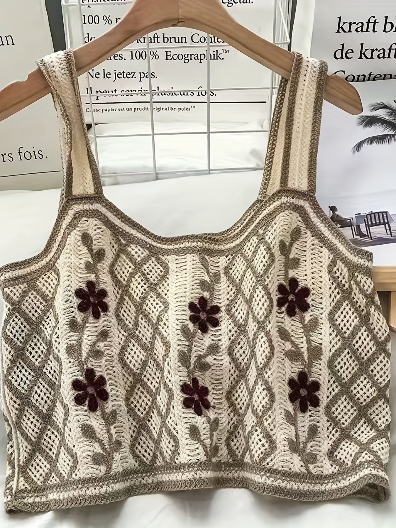 Flower Embroidered Crop Tank Top Casual Beach Wear Contrast Trim Tank Top
