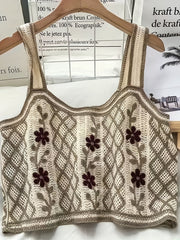 Flower Embroidered Crop Tank Top Casual Beach Wear Contrast Trim Tank Top