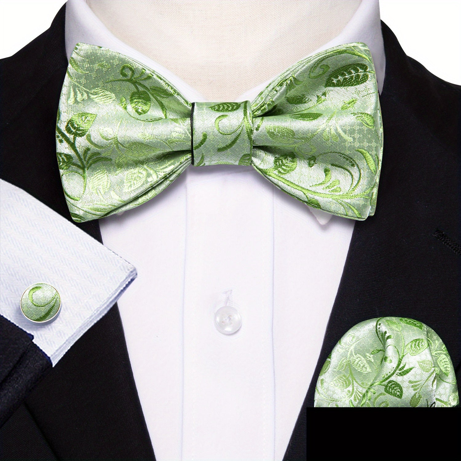 Barry Wang Bow Tie Set Golden Jacquard Floral Self-Tie Bowtie Pocket Square Cuff