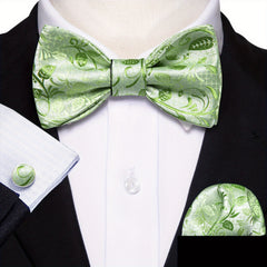 Barry Wang Bow Tie Set Golden Jacquard Floral Self-Tie Bowtie Pocket Square Cuff