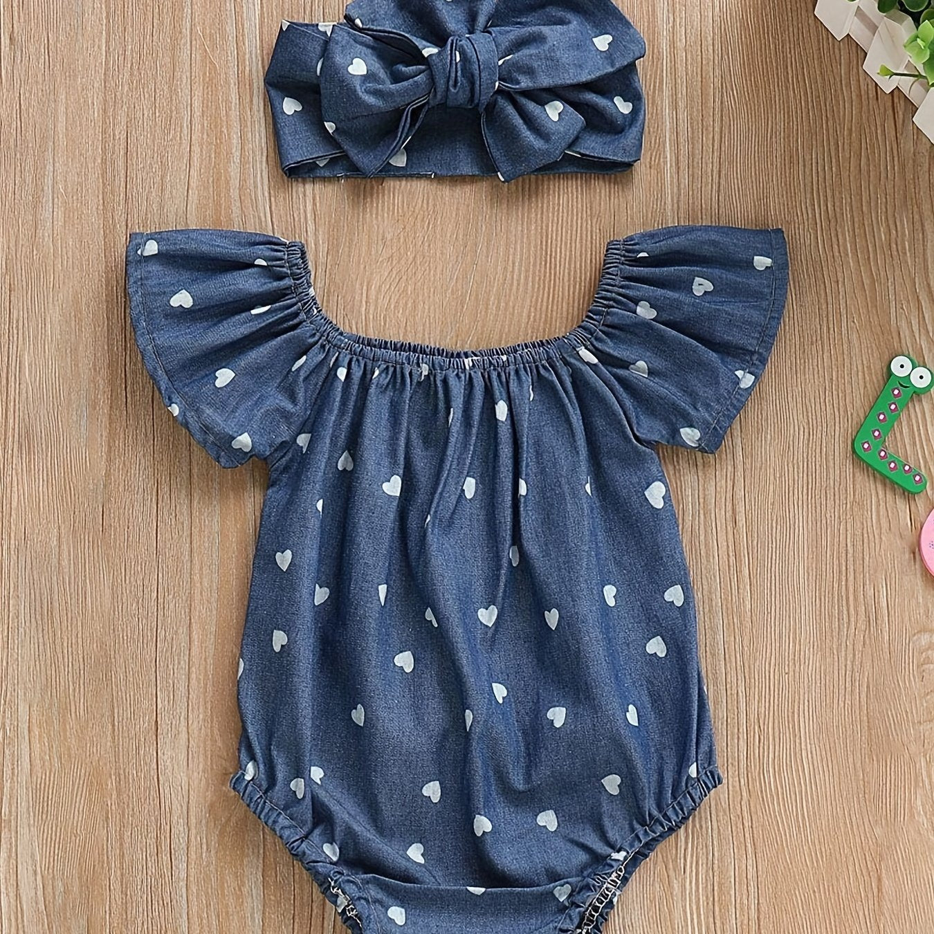 Girls Heart Print Romper & Bow Headband Set