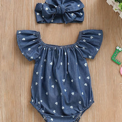Girls Heart Print Romper & Bow Headband Set