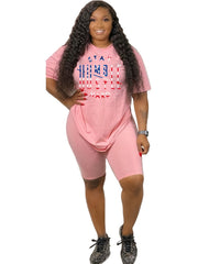 Two Piece Set Women's Flag Print Short Sleeve Tee & Shorts Set