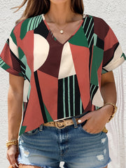 Colorblock Geometric Print V Neck Blouse