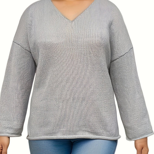 Solid V Neck Sweater Long Sleeve Pullover Jumper