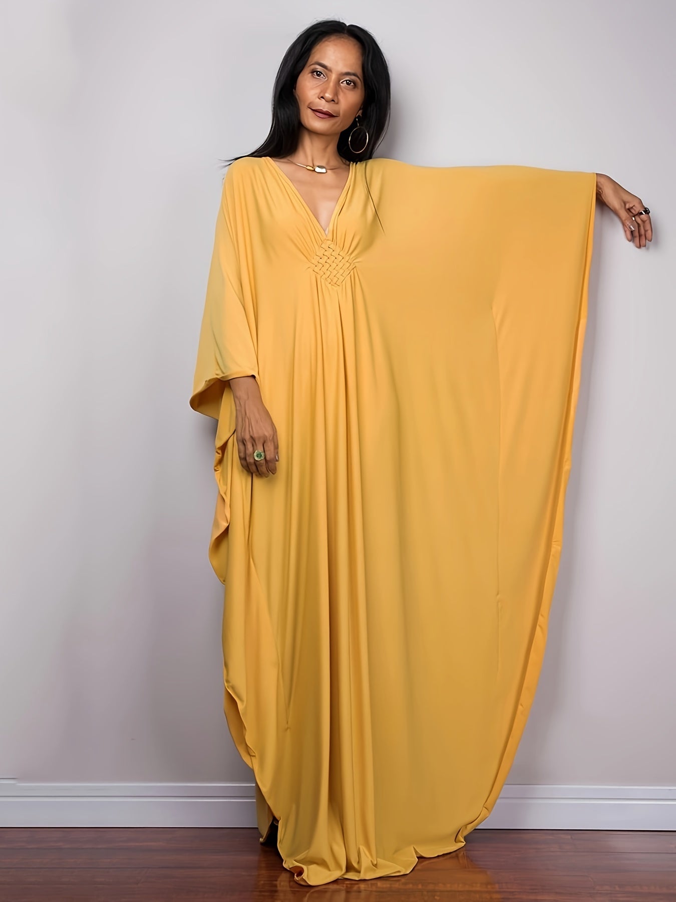 Boho Cover Up Women's Solid Batwing Sleeve V Neck Maxi Beach Cover Up