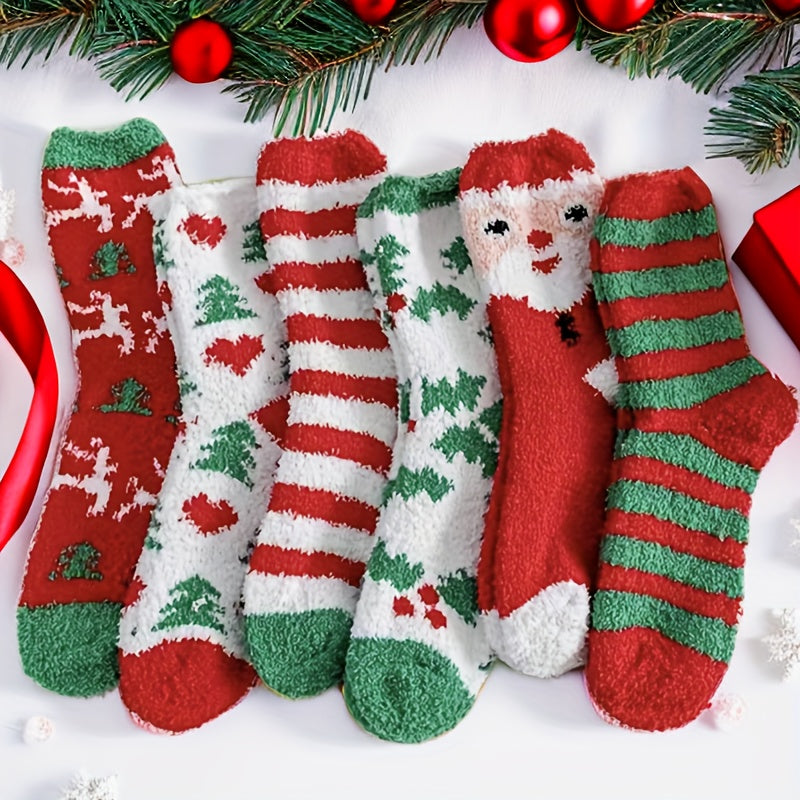 6 Pairs Christmas Fluffy Socks Winter Warm Cartoon Cozy Sleep Socks