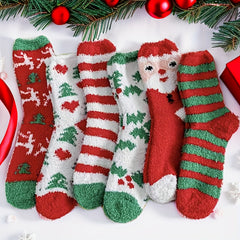 6 Pairs Christmas Fluffy Socks Winter Warm Cartoon Cozy Sleep Socks