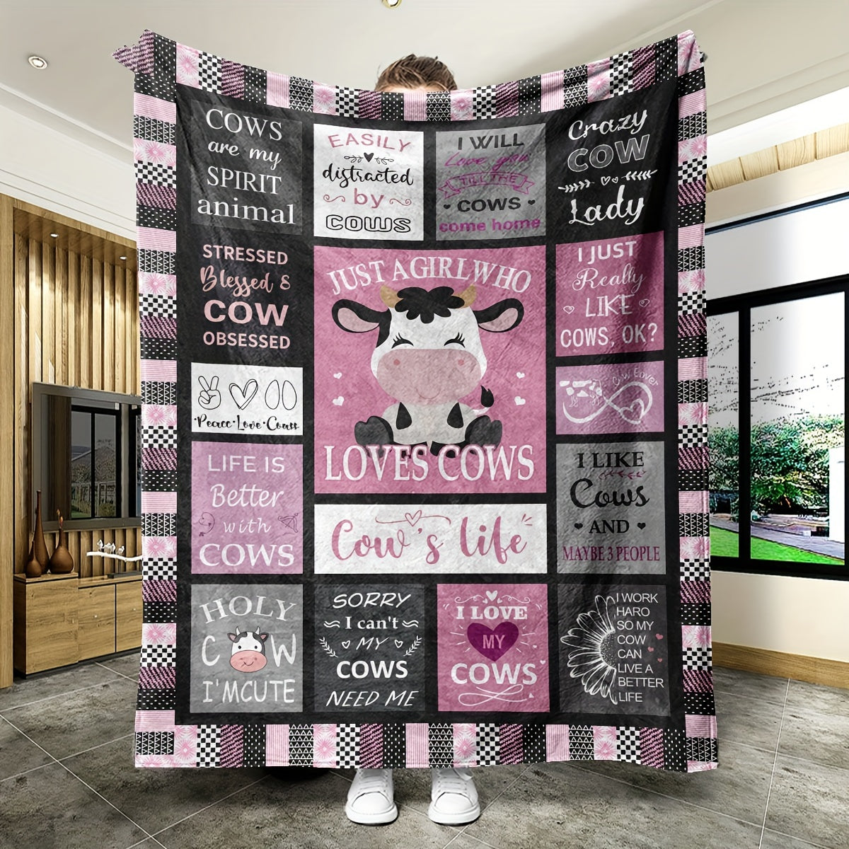 Winter Warm Flannel Cow Print Blanket Outdoor Camping Warm Throw Blanket