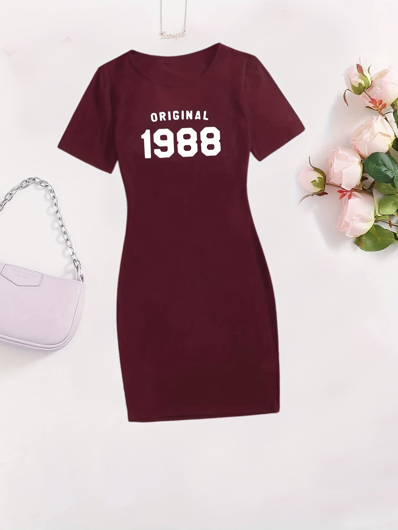 Letter Print Bodycon Dress Casual Crew Round Neck Short Sleeve Dress