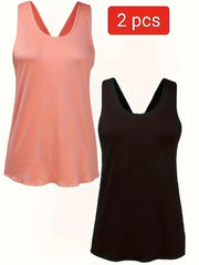 2Pcs Solid Sports Vest Round Neck Back Split Quick Drying Sporty Top