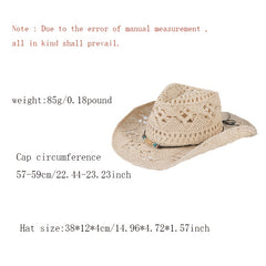 Khaki Straw Cowboy Hat Beads Chain Summer Travel Sun Hat
