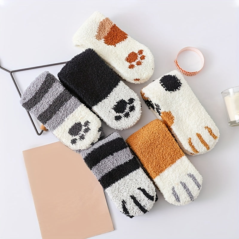 6 Pairs Cat Claw Print Socks Comfy & Warm Fuzzy Mid Tube Socks