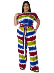 Tie Dye Short Sleeve Belted Crop Top & Loose Pants Set