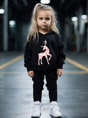 Reindeer Print Outfits 2pcs Girls Hoodies Jogger Pants Set For Sports