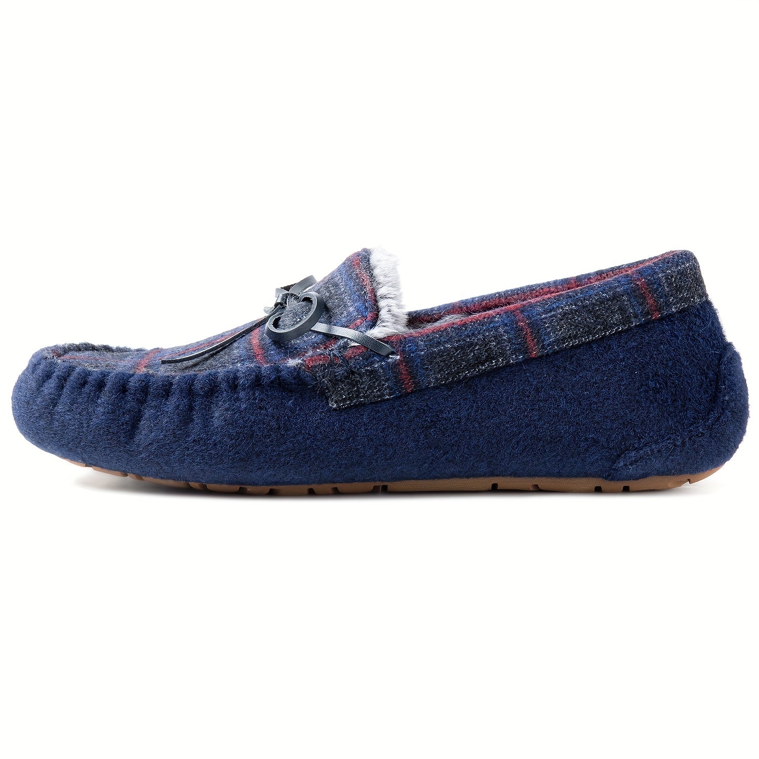 Men's Tassel Bow Tie Plaid Loafers With Fleece