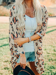 Leopard Print Long Length Open Front Cardigan Fall Winter Coat