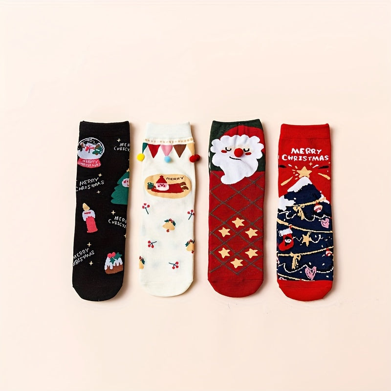 4 Pairs Cartoon Christmas Print Crew Socks Women's Stockings