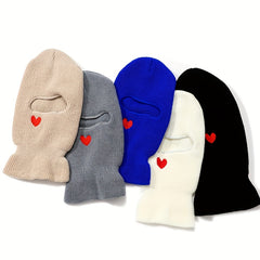 Red Heart Embroidery Ski Mask Solid Beanie Knitted Face Covering Elastic