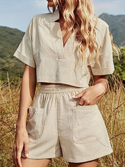 Casual Two Piece Set V Neck Crop Top & Shorts Outfit