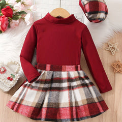 Girl's Preppy Style Outfit 3pcs Set Ribbed Turtleneck Top & Beret & Plaid Skirt