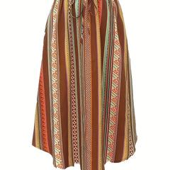 Boho Maxi Skirt Women's Tribal Striped Elastic Waist Pleated