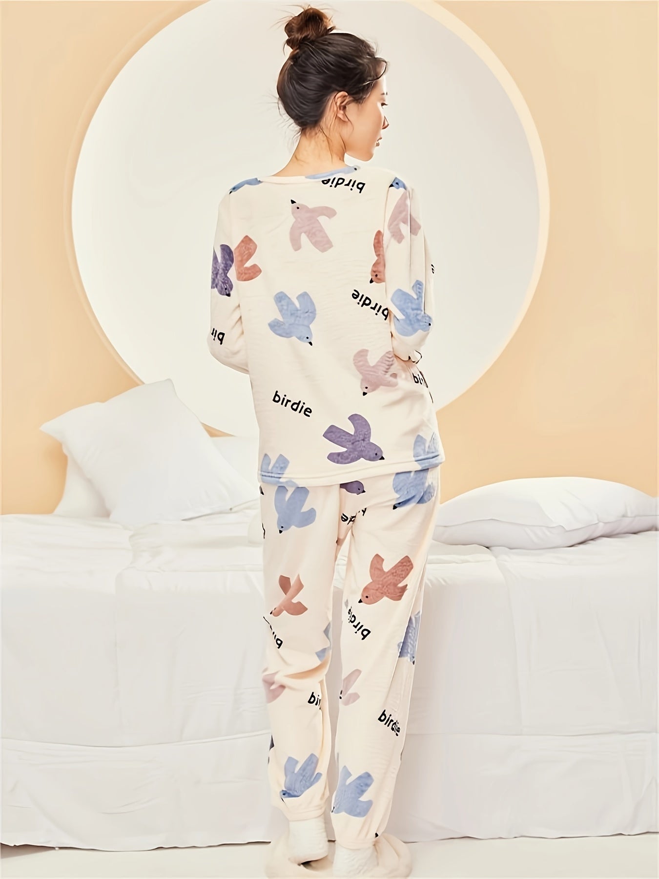 Cartoon Print Fuzzy Pajama Set Long Sleeve Top & Elastic Waistband Pants
