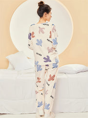 Cartoon Print Fuzzy Pajama Set Long Sleeve Top & Elastic Waistband Pants
