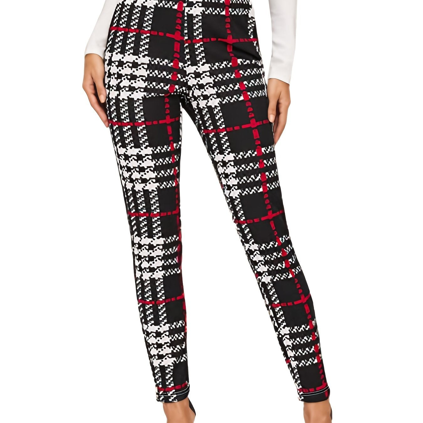 High Waist Plaid Skinny Leggings Stretchy Casual