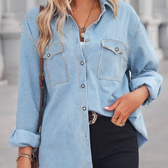 Casual Denim Top Women's Plus Solid Button Up Long Sleeve