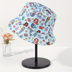 Kid's Mermaid Print Fisherman Hat, Sea Animals Sun Visor