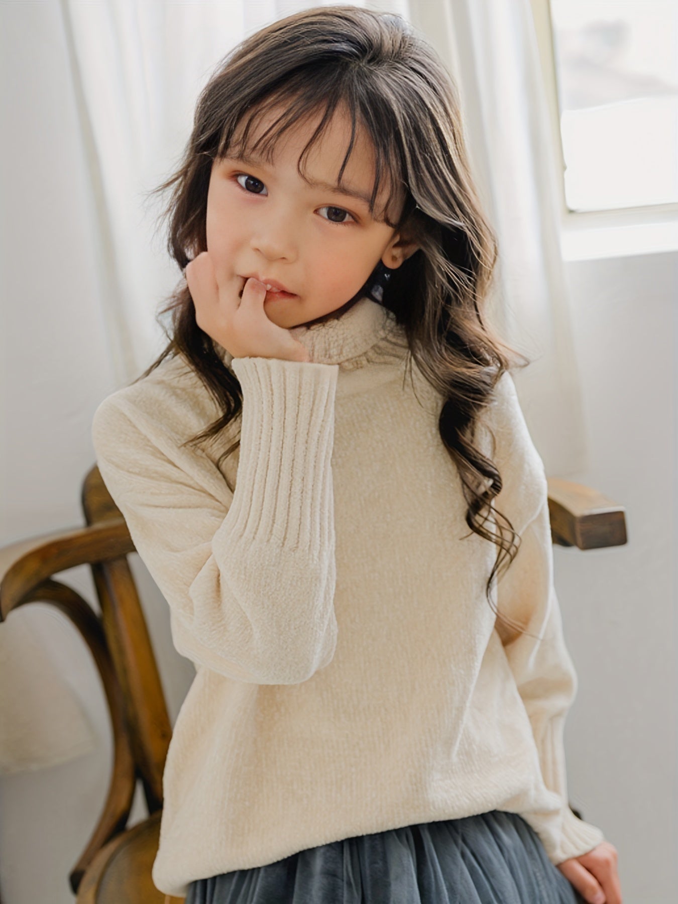 Stretchy Comfy Solid Long Sleeve Sweater Girls Anti Pilling Knitwear