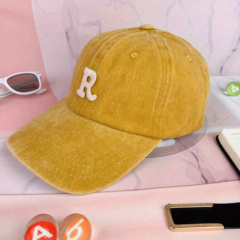 R Shaped Washed Baseball Cap Sun Hat for Men and Women