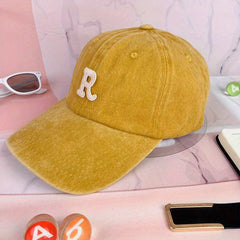 R Shaped Washed Baseball Cap Sun Hat for Men and Women