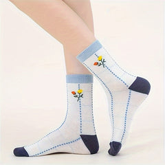 5 Pairs Floral Print Socks Comfy & Mid Tube Socks Women's Stockings
