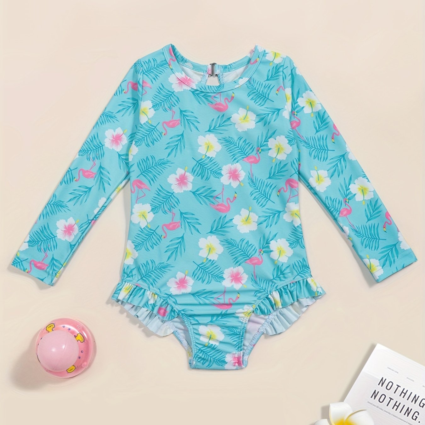 Girls One Piece Swimsuit Flamingo Tropical Flowers Long Sleeve