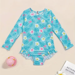 Girls One Piece Swimsuit Flamingo Tropical Flowers Long Sleeve