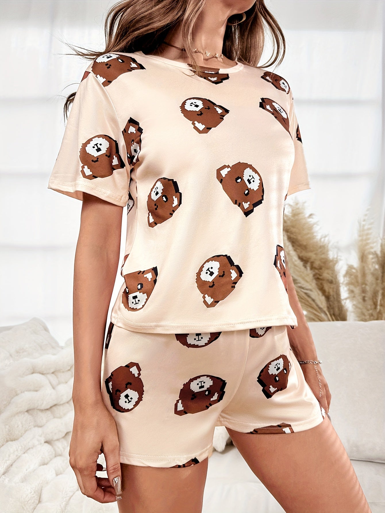 Bear Print Pajamas Set Short Sleeve Top & Shorts Women's Sleepwear