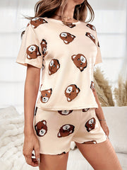 Bear Print Pajamas Set Short Sleeve Top & Shorts Women's Sleepwear