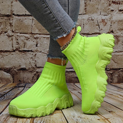 Women's Platform Knitted Sneakers Comfy Slip On High Top Sports Shoes