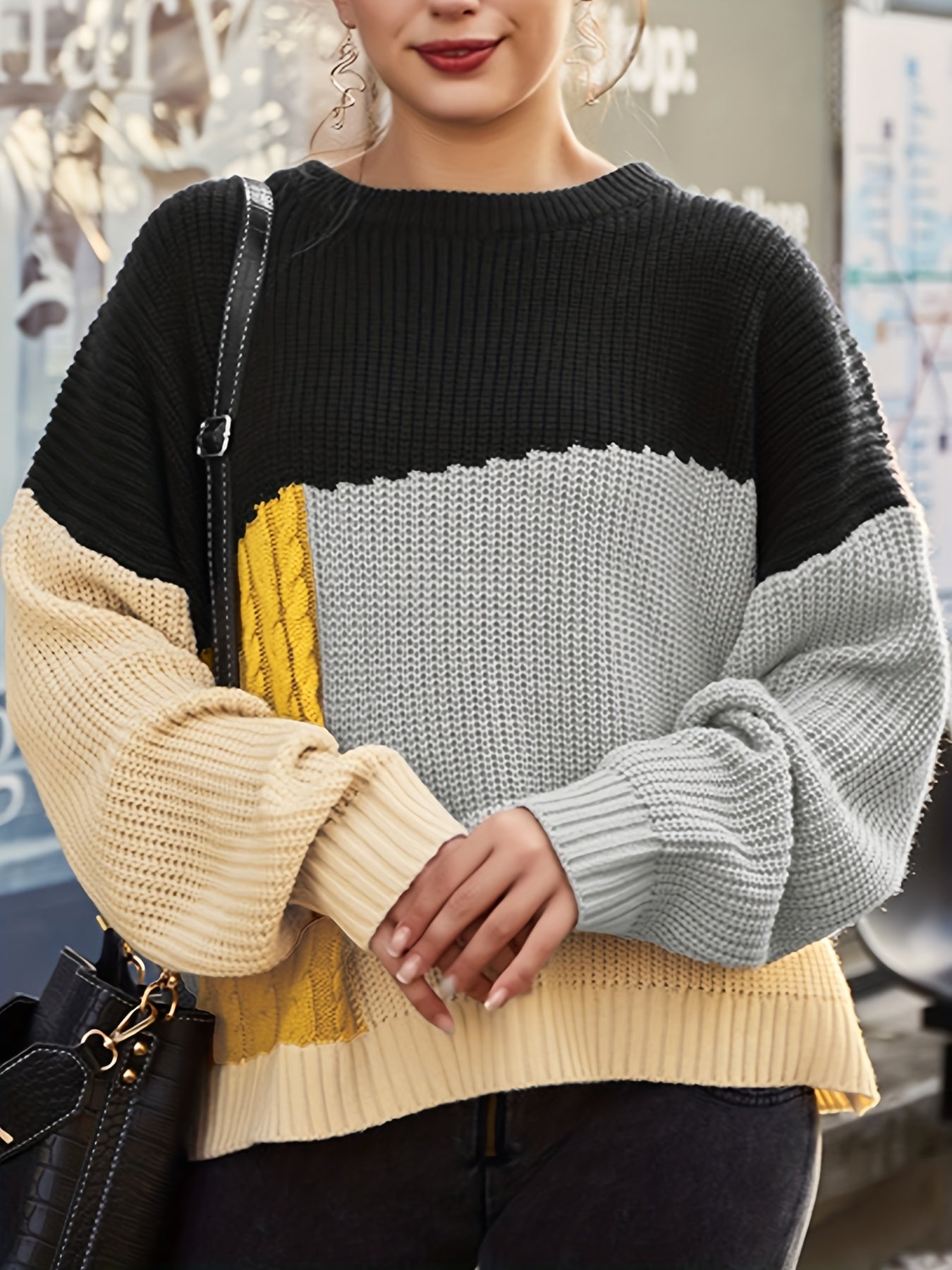 Colorblock Cable Crew Neck Sweater