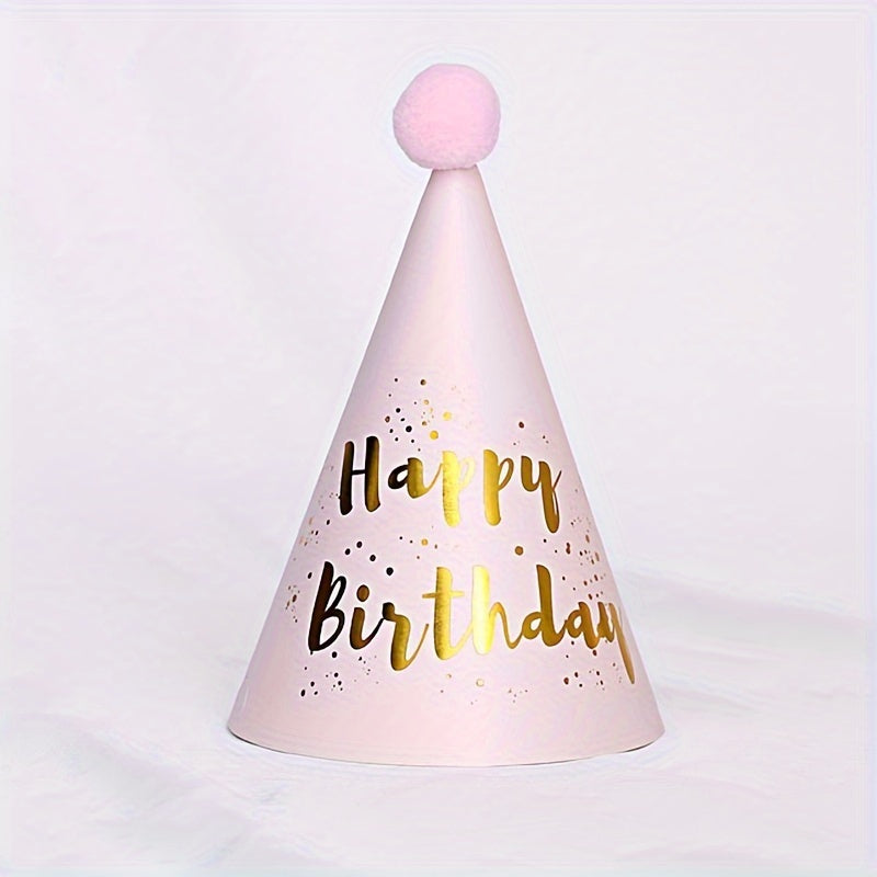 Birthday Cone Hat With Pom Poms Striped Dot Party Decor