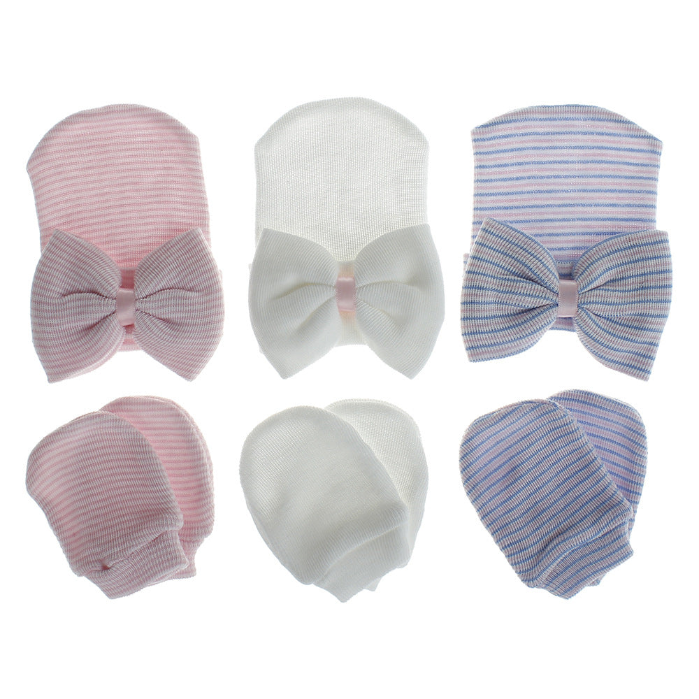 3 Sets Baby Girls Thermal Bow Cap & Mittens Set