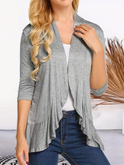 Solid 3/4 Sleeve Open Front Ruffle Trim Cardigan