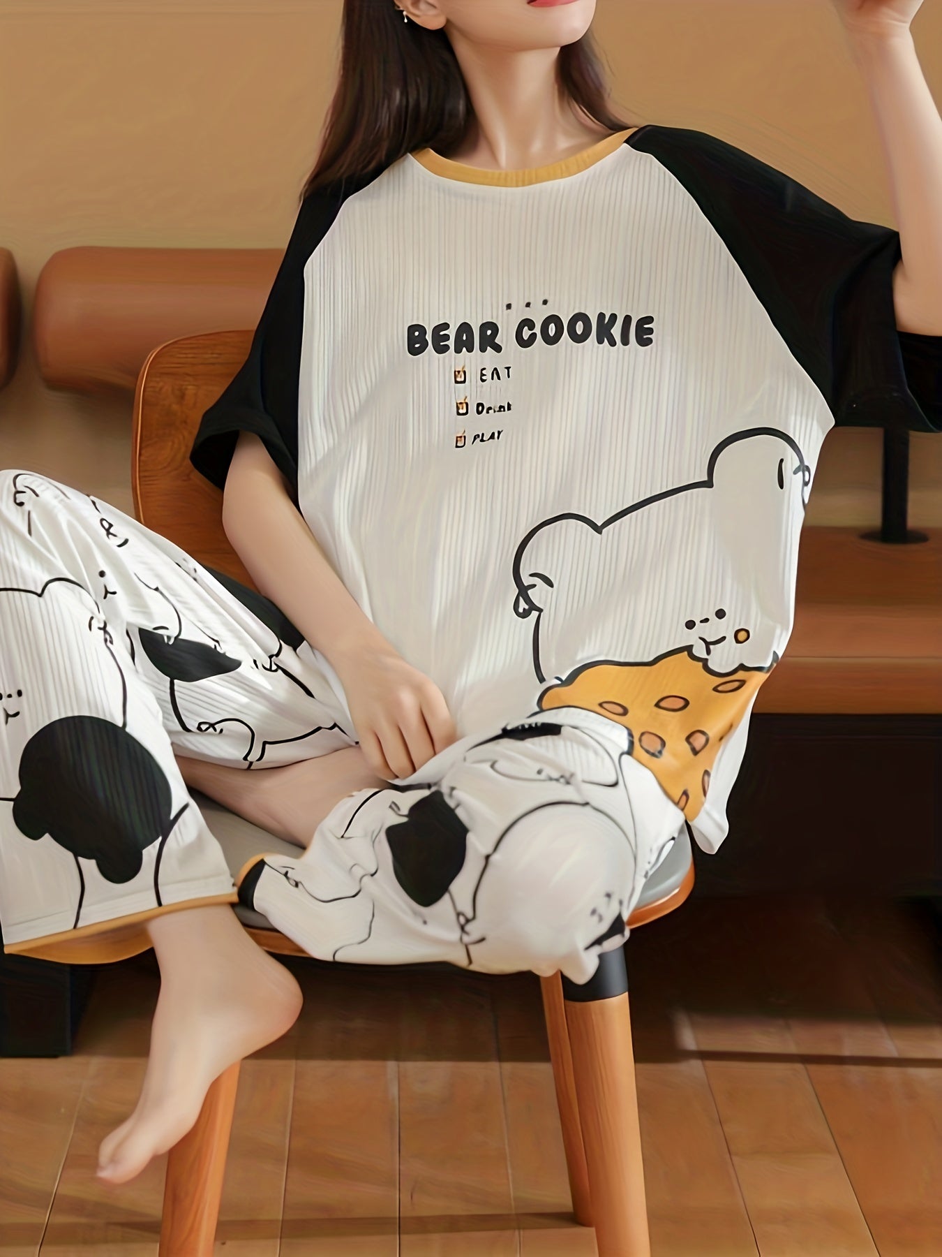 Bear Print Pajama Set Short Sleeve Top & Pants Women's Sleepwear