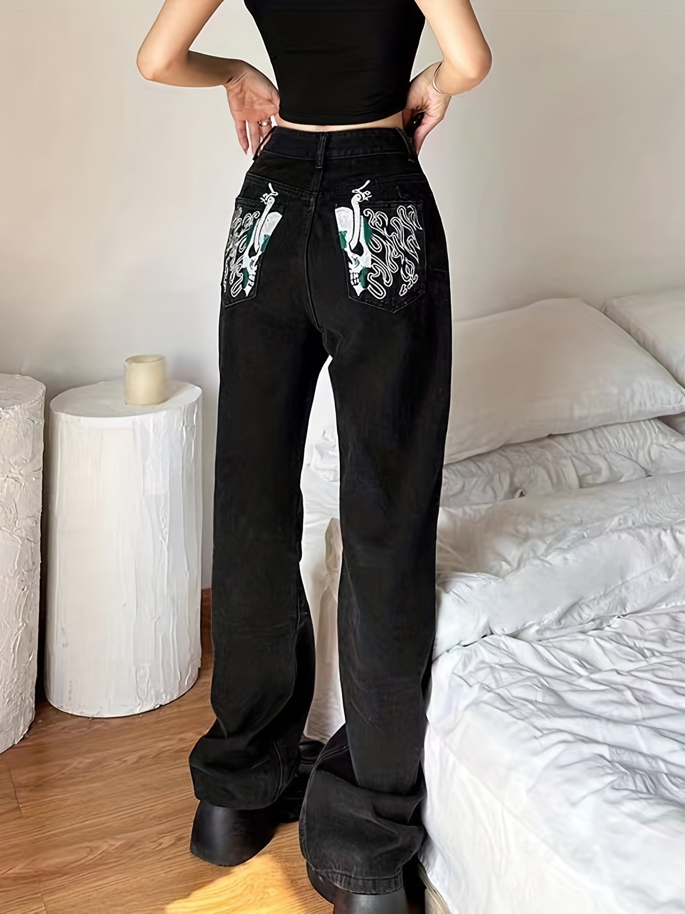 Skull Flame Embroidery Halloween Denim Pants