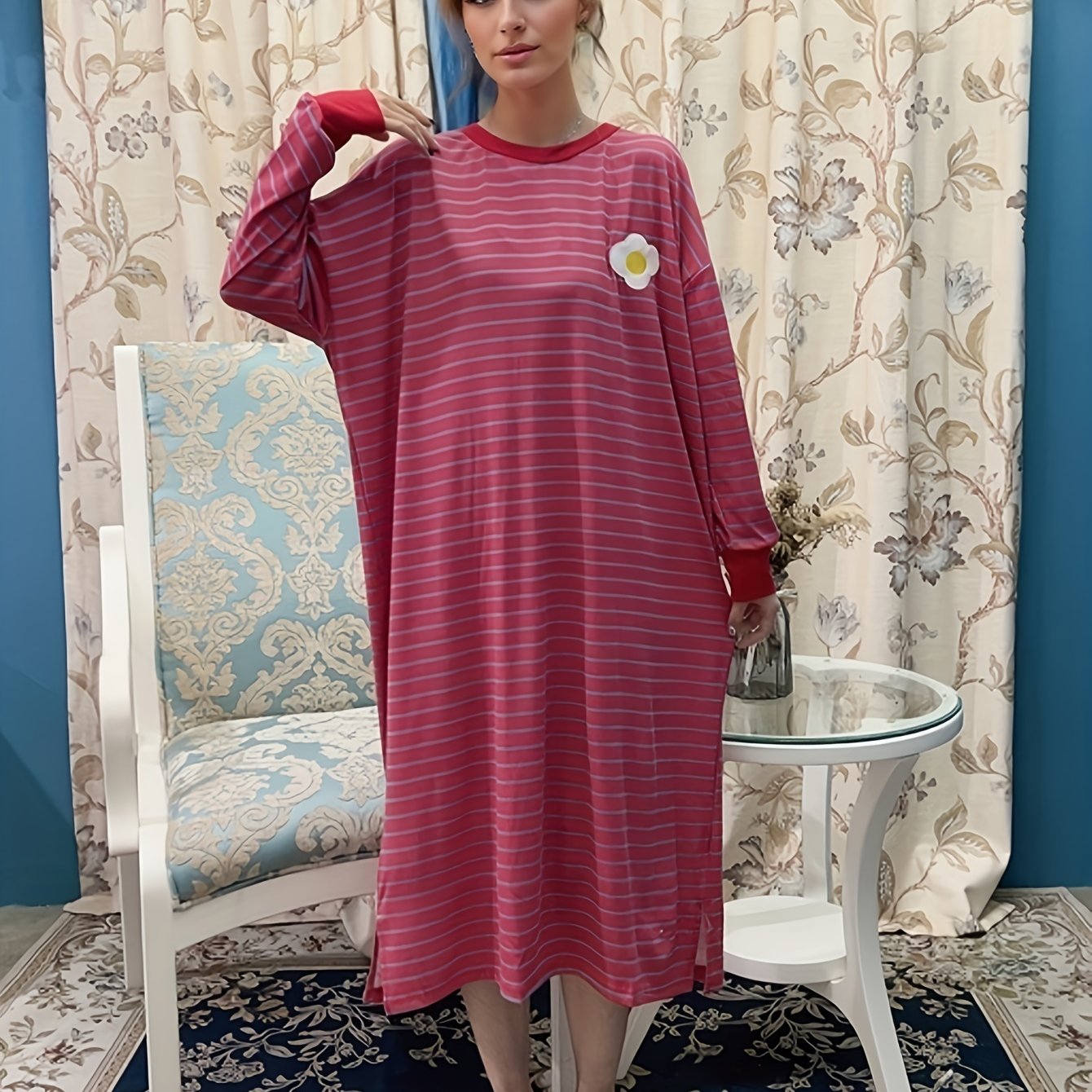 Flower Pattern Lounge Dress Long Sleeve Striped Home Dress Women's Loungewear