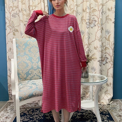 Flower Pattern Lounge Dress Long Sleeve Striped Home Dress Women's Loungewear