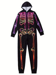 Skull Print Hooded Pajama Romper Long Sleeve Zipper PJ Women's Lingerie